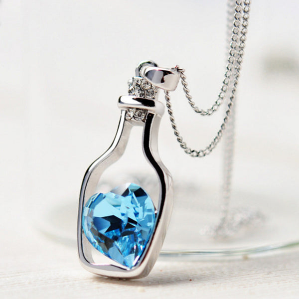 Love Heart Crystal in a Bottle Pendant with Chain | Rhinestone Love Charms Necklaces