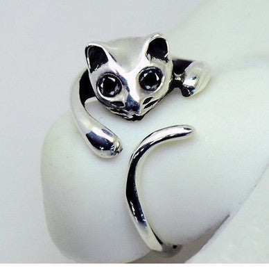 Cute Silver Cat Shaped Ring With Rhinestone Eyes