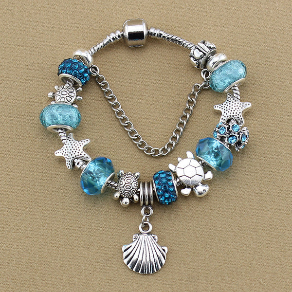 Blue crystal/Glass bead bracelet starfish shell bracelet for Women and Girls