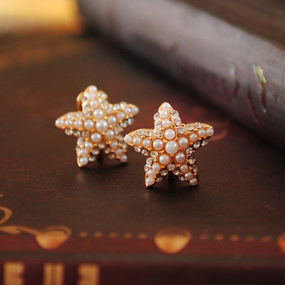 Simulated Pearl Starfish Glamorous Earring Studs