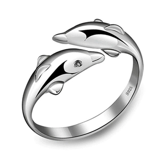 Charming Double Dolphins And Happiness Opening Adjustable Woman Ring